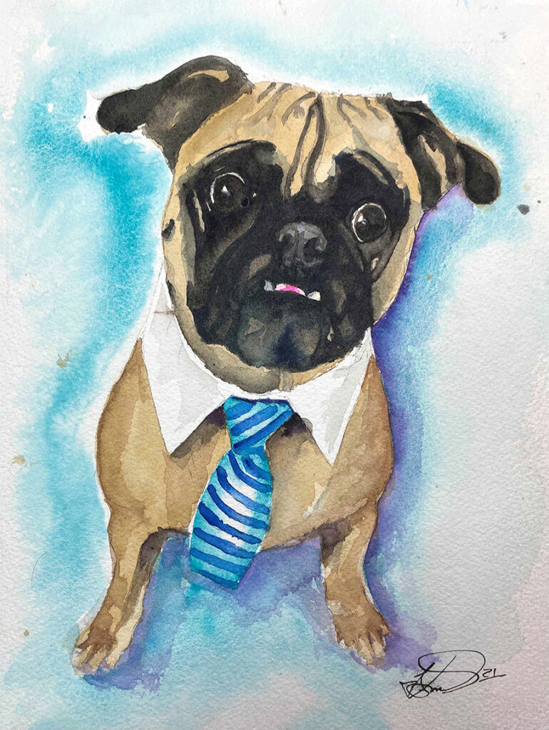 A pug dog wearing a tie and standing in front of a blue wall.