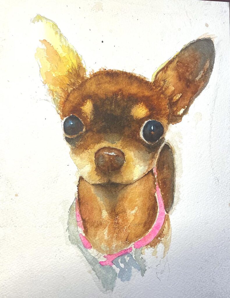 A painting of a dog with pink collar