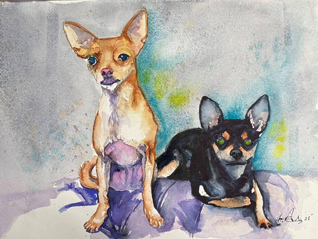 A painting of two dogs sitting next to each other.