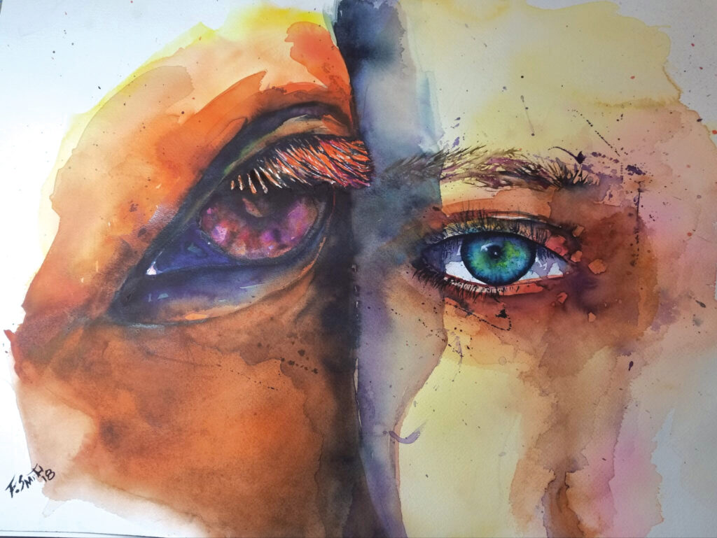 A painting of an eye with two different colors.