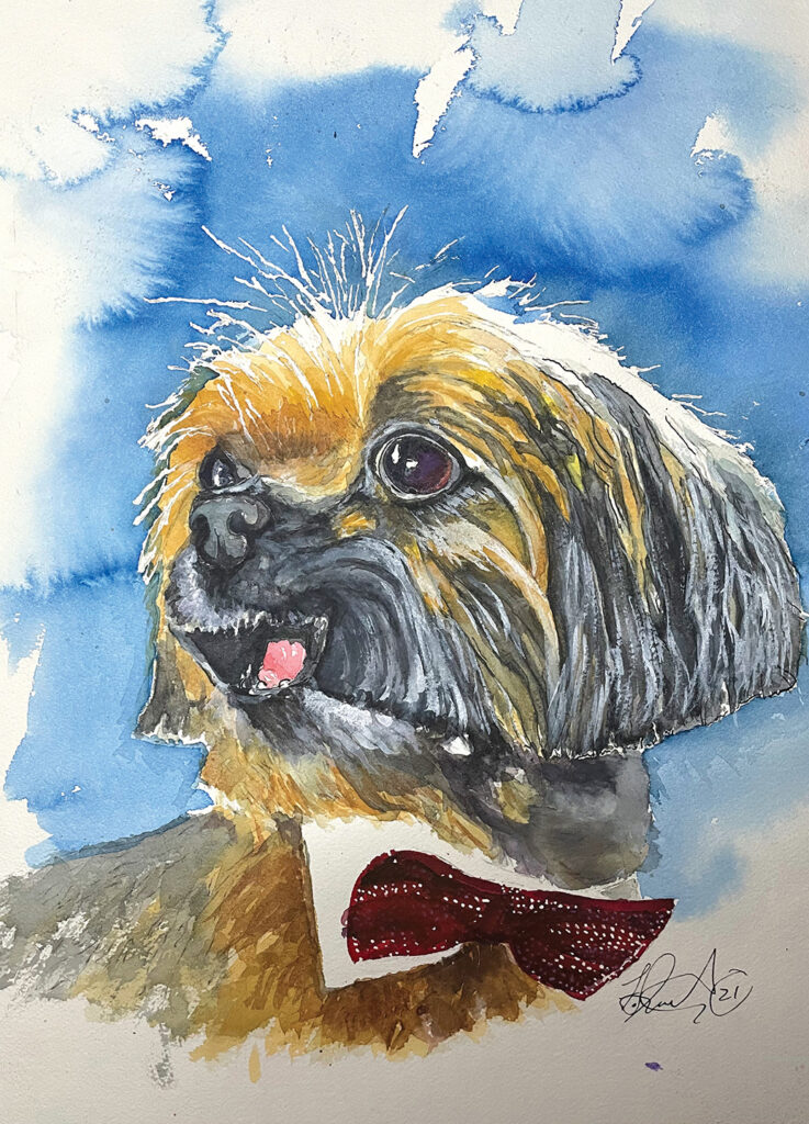 A painting of a dog wearing a bow tie.