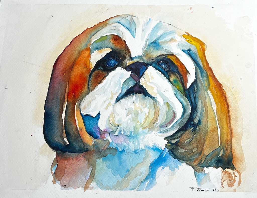 A painting of a dog 's face in watercolor.