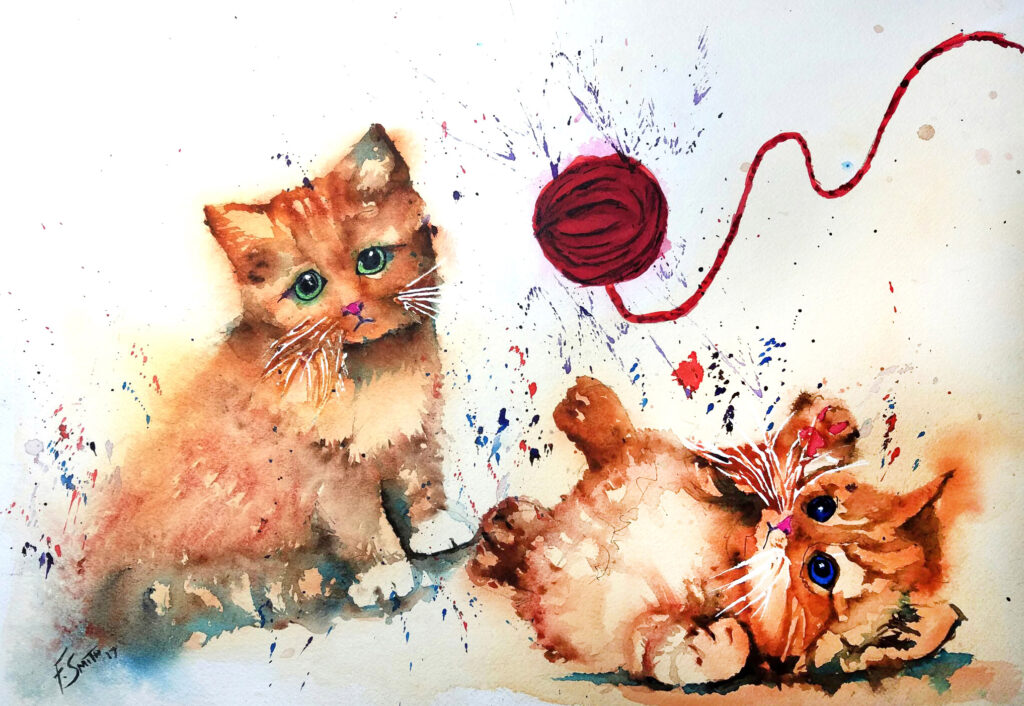 A painting of two cats with yarn in the background.