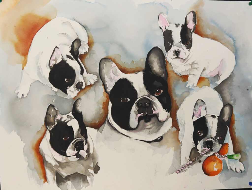 A painting of five dogs with different colors.