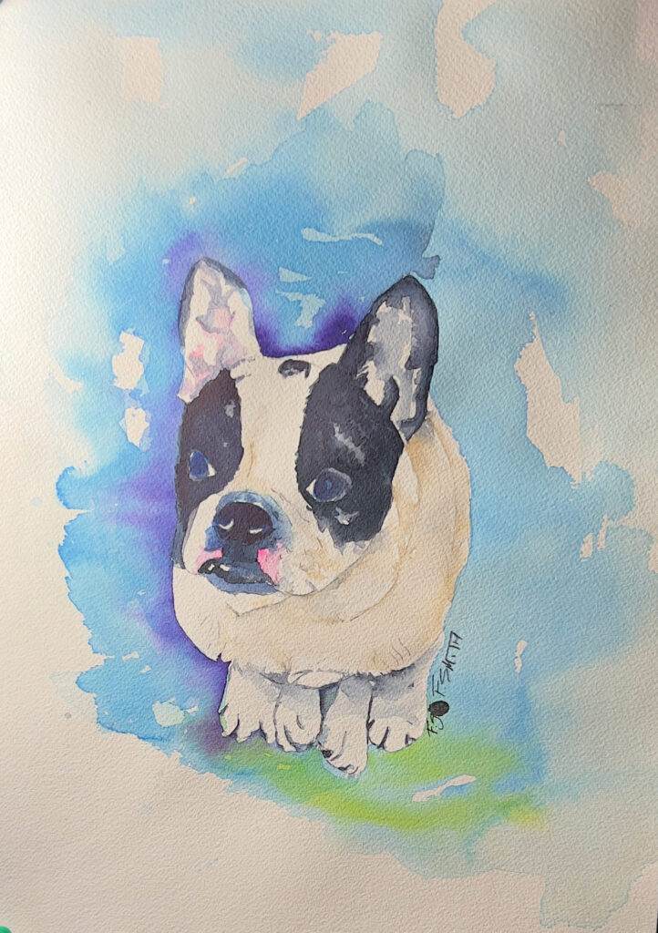 A painting of a dog with blue background