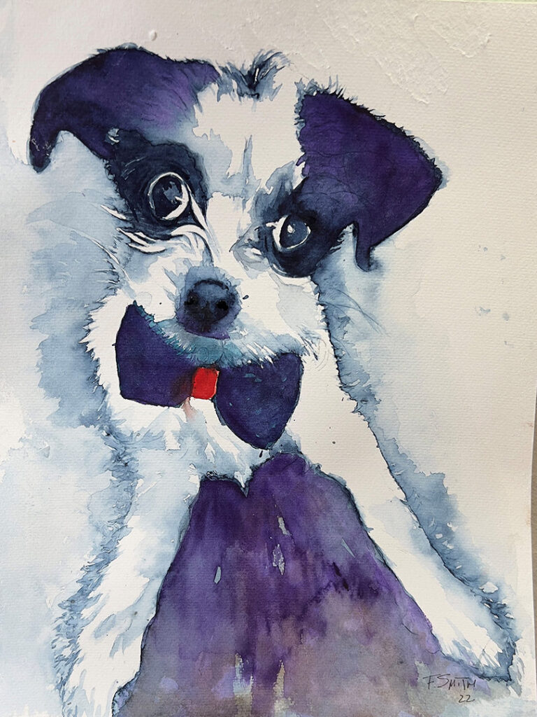 A dog with a bow tie is painted in watercolor.