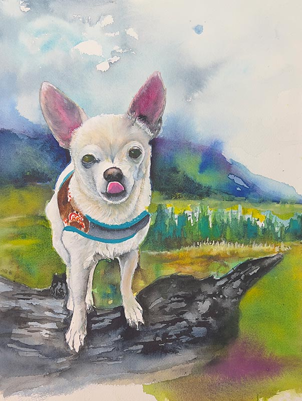 A painting of a dog standing on top of a rock.