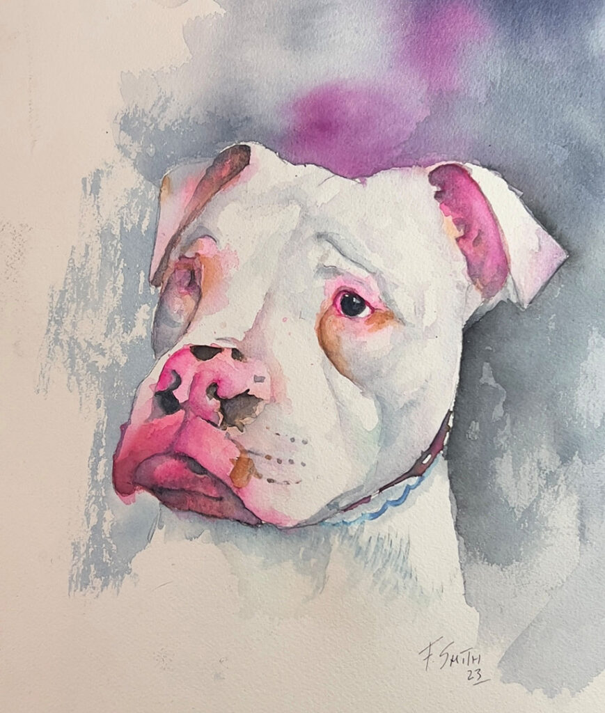 A painting of a dog with pink and white fur.