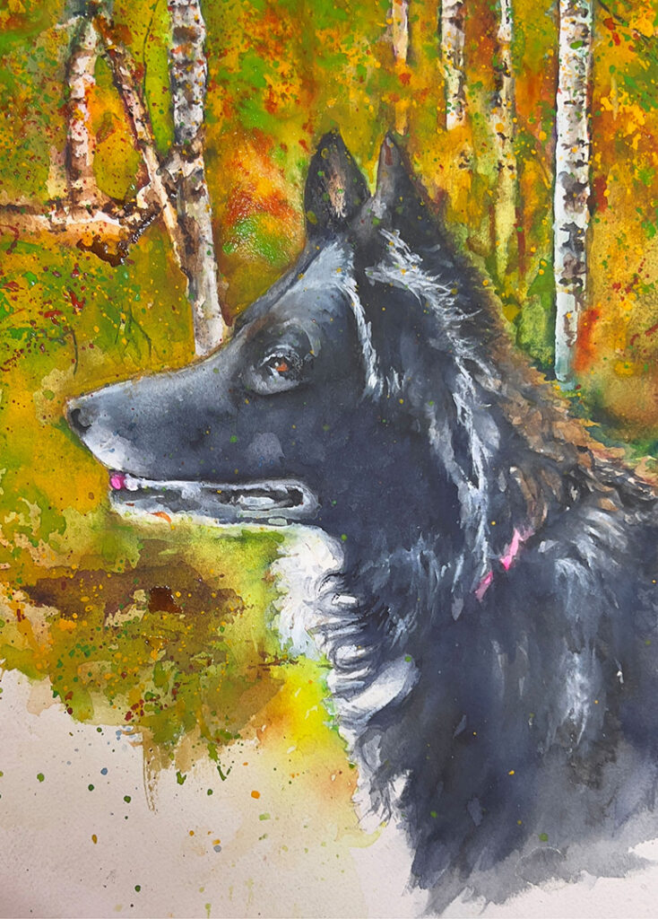 A painting of a dog in the woods